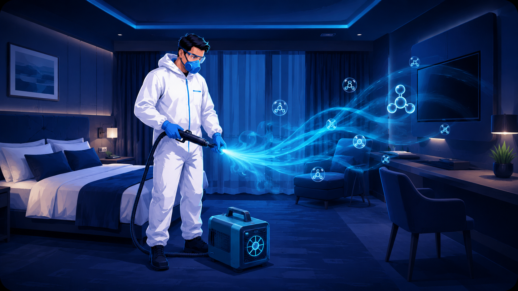 Imagine cartoon pentru ozonificare, decontaminare și dezodorizare